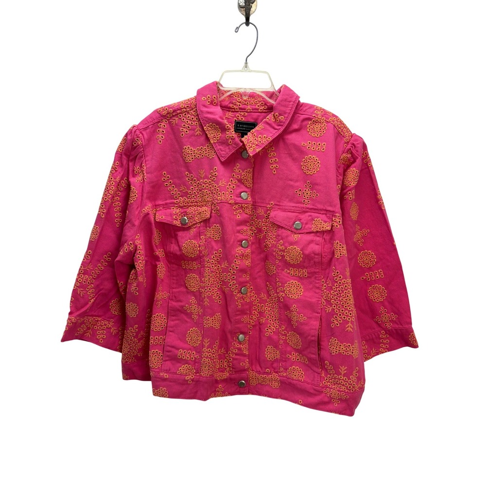 G by Giuliana Black Label Pink Puff‎ Sleeve Eyelet Denim Jacket 3X Feminine